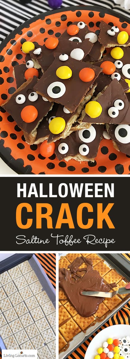 If you can't wait for Christmas Crack, try Halloween Crack! A quick and fun dessert recipe with saltine crackers covered in chocolate and Halloween candy. Easy Saltine Toffee bark recipe with candy eyeballs and M&M's.