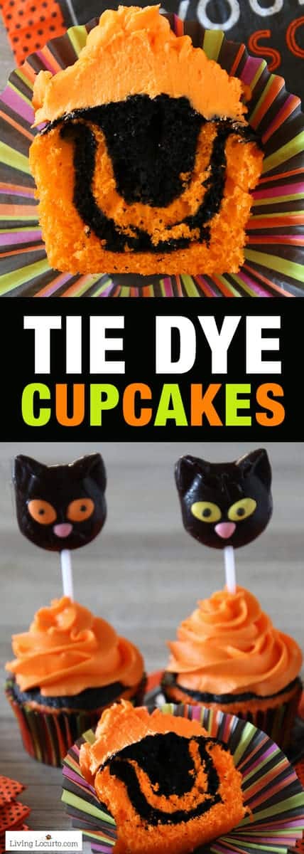 Halloween Cupcakes and Easy Tie Dye Cake Recipe. Turn your Halloween cupcakes into the most spooktacular treats by making tie dyed cake. Orange and black tie dye cupcakes with black cat lollipops.