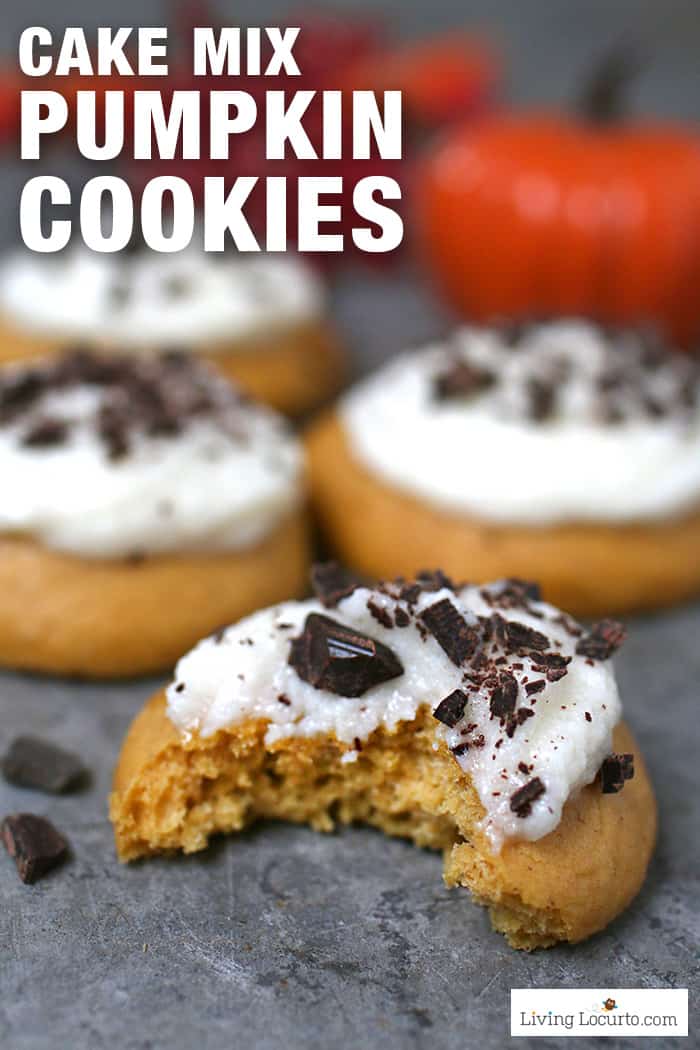 Pumpkin cookies made in minutes! Easy cake mix cookies recipe with buttercream frosting and dark chocolate. Perfect pumpkin spice dessert for fall.