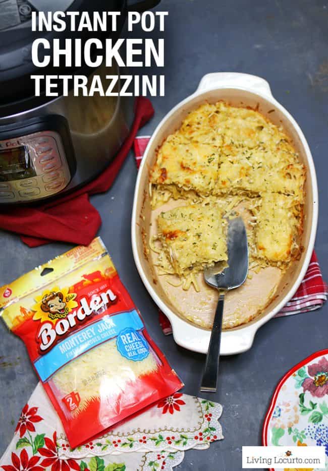 An easy one pot cheesy Instant Pot Chicken Tetrazzini recipe made in a pressure cooker. This creamy chicken pasta is perfect for a family dinner! 