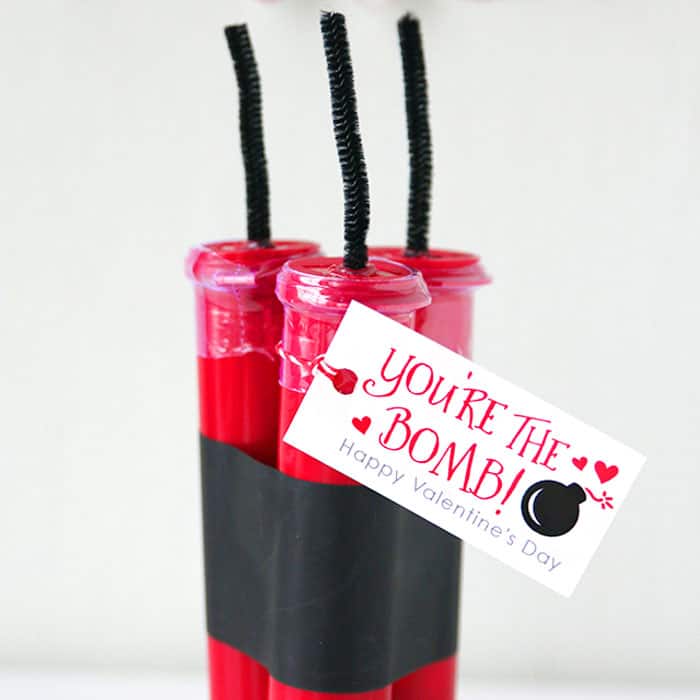 Cute valentine's day love bomb candy gift with printable tag