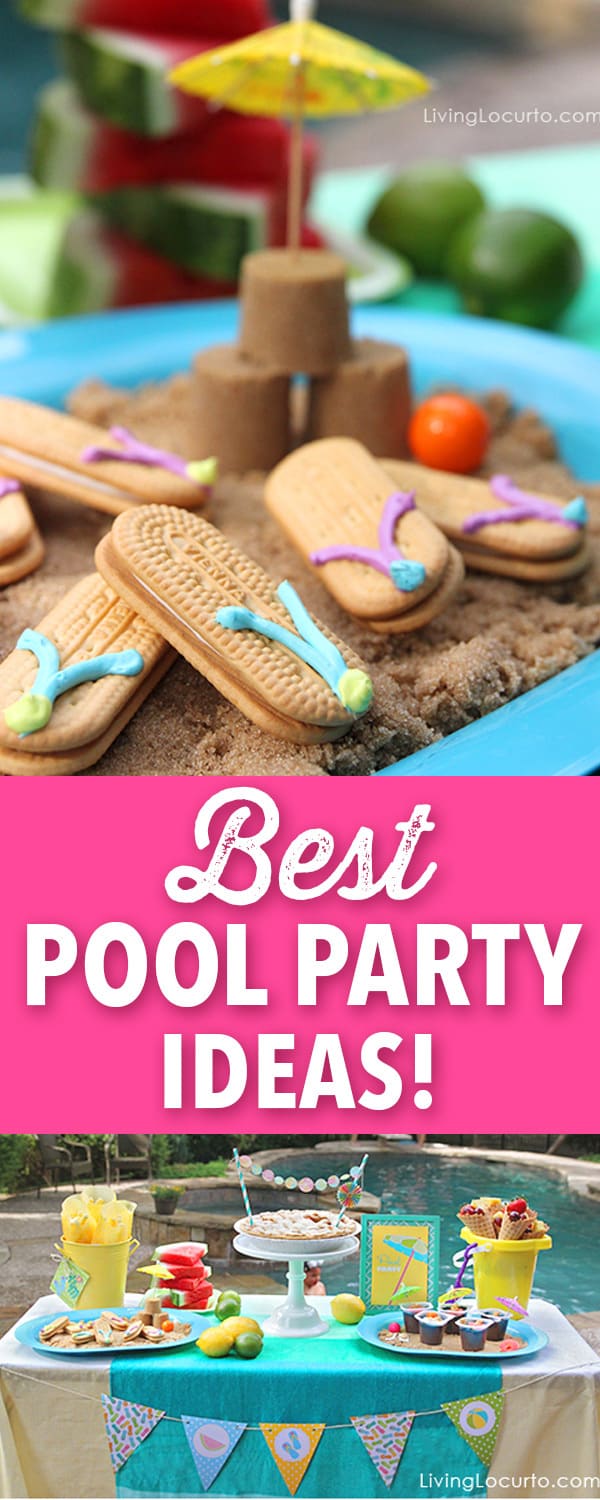 Have a splashing good time this summer with these easy Pool Party Ideas. Cute flip flop cookies, party printables, easy treats and more! A pool party is a great way to celebrate summer. I love these simple pool party ideas and easy recipes! You'll love the fun food dessert ideas. #pool #party #flipflops #cookies 