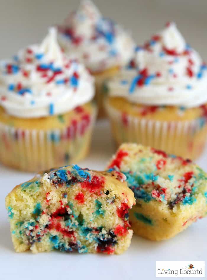 Red, White and Blue Funfetti Cupcakes recipe for a 4th of July party. Easy Recipe for confetti cupcakes.