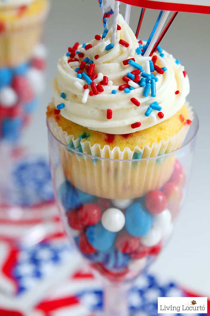 Red, White and Blue Funfetti Cupcakes recipe for a 4th of July party.