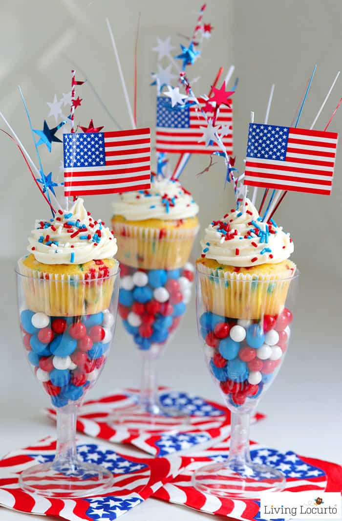 Red, White and Blue Funfetti Cupcakes recipe for a 4th of July party. Display in plastic wine glasses filled with patriotic candy for a fun wow factor!
