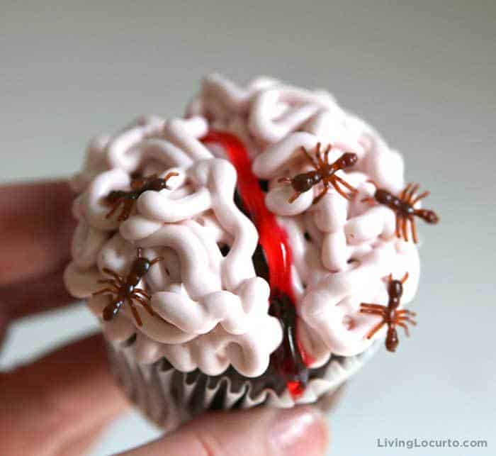Creepy Brain Cupcakes covered in bugs! Easy Halloween party recipe idea.