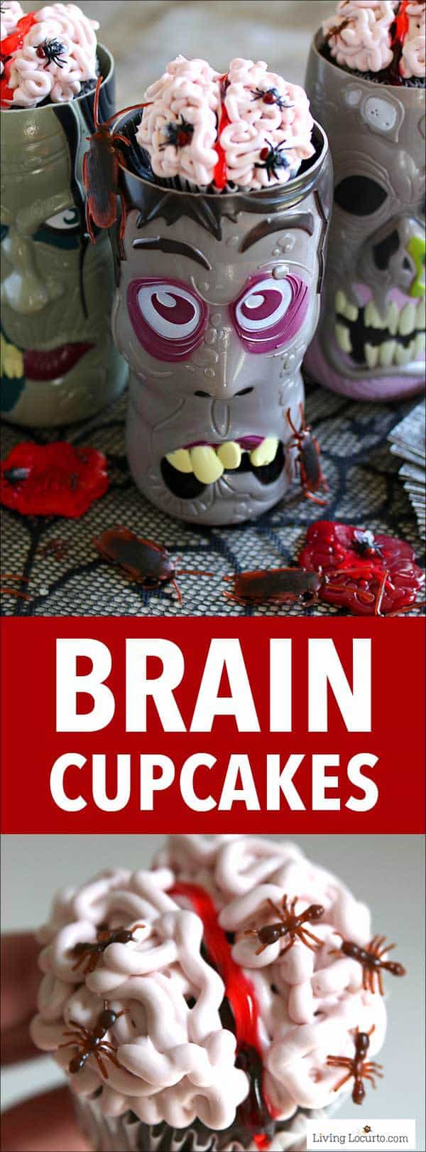 You'll die over these creepy Brain Cupcakes covered in bugs! Easy Halloween party recipe, just add to zombie cups for a creepy Halloween dessert table.
