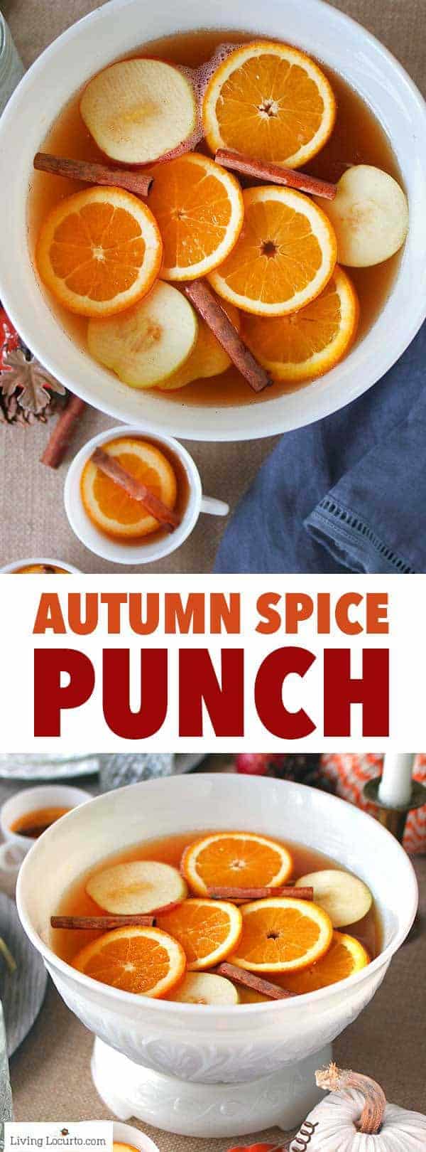 An easy Autumn Spice Punch Recipe made with sweet tea, apple juice and fall spices. A perfect drink to serve for Thanksgiving, a Christmas party or baby shower. A simple Holiday punch recipe the whole family will love! #punch #drinks