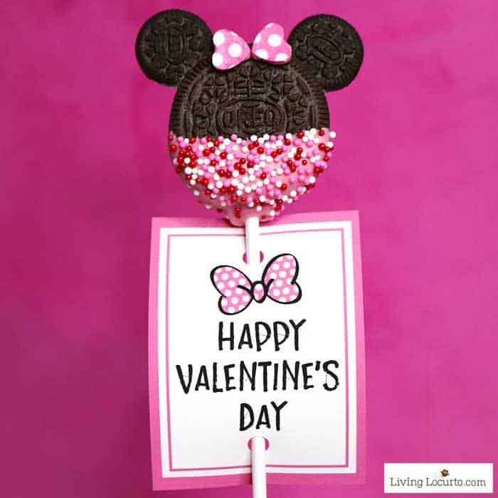 Minnie Mouse Cookie Pops are an easy Disney party dessert made with OREO cookies and free printable Valentine's Day tags. LivingLocurto.com