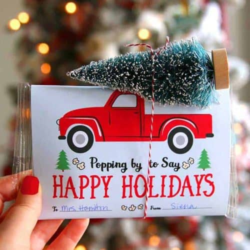 Easy Popcorn Christmas Gift with Red Vintage Truck Printable Craft.