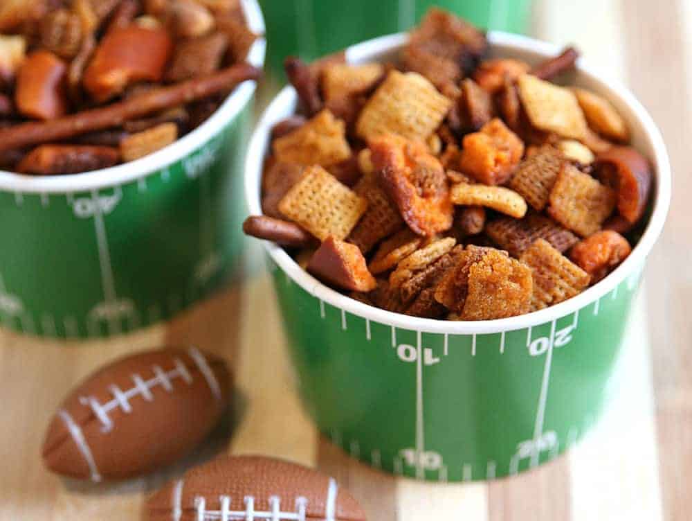 Buffalo Trial Mix Recipe - Chex Mix Snack in Football Bowls Buffalo Trial Mix Recipe - Chex Football Snack Bowls