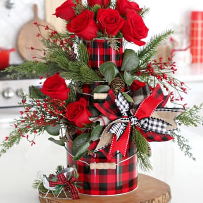Christmas Centerpiece Holiday Floral Arrangement with Bow and Roses