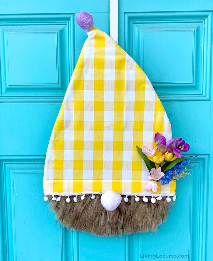 Spring Gnome Door Hanger with yellow and white check material and flowers