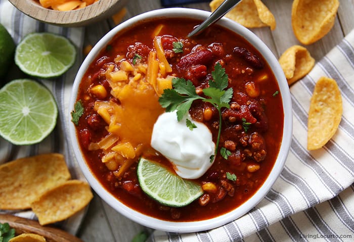 Close up bowl of Healthy Turkey Chili Recipe with chips and cheese