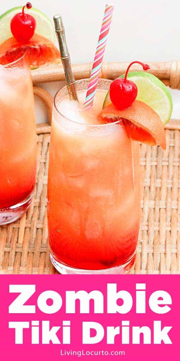 Zombie Cocktail Recipe. Easy Tiki Drink for a luau or summer party. LivingLocurto.com Zombie Cocktail Recipe