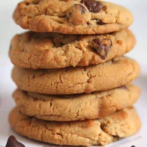 Soft Chocolate Chip Cookies Stacked on each other.