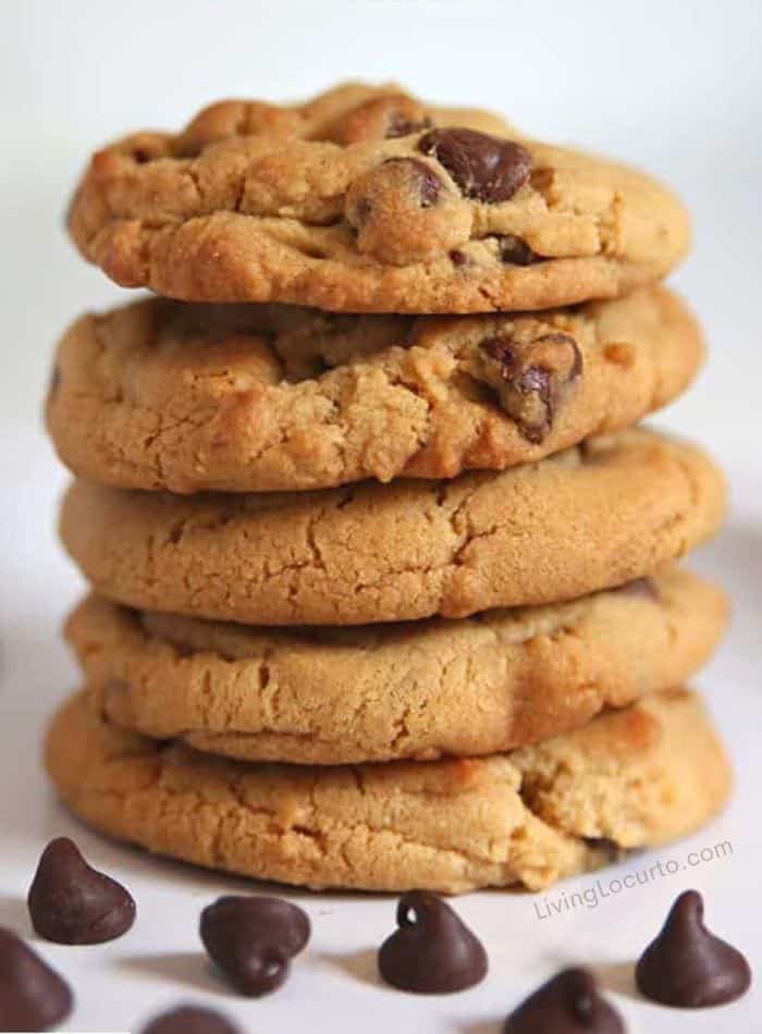 Soft Chocolate Chip Cookies Stacked on each other.