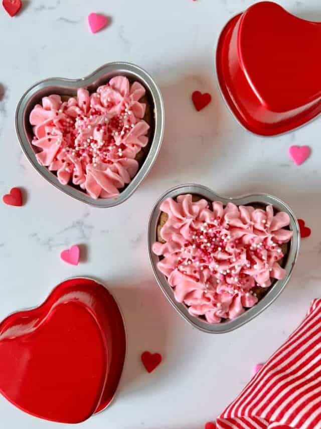 Mini Heart Shaped Nutella Stuffed Cookie Cakes with pink frosting