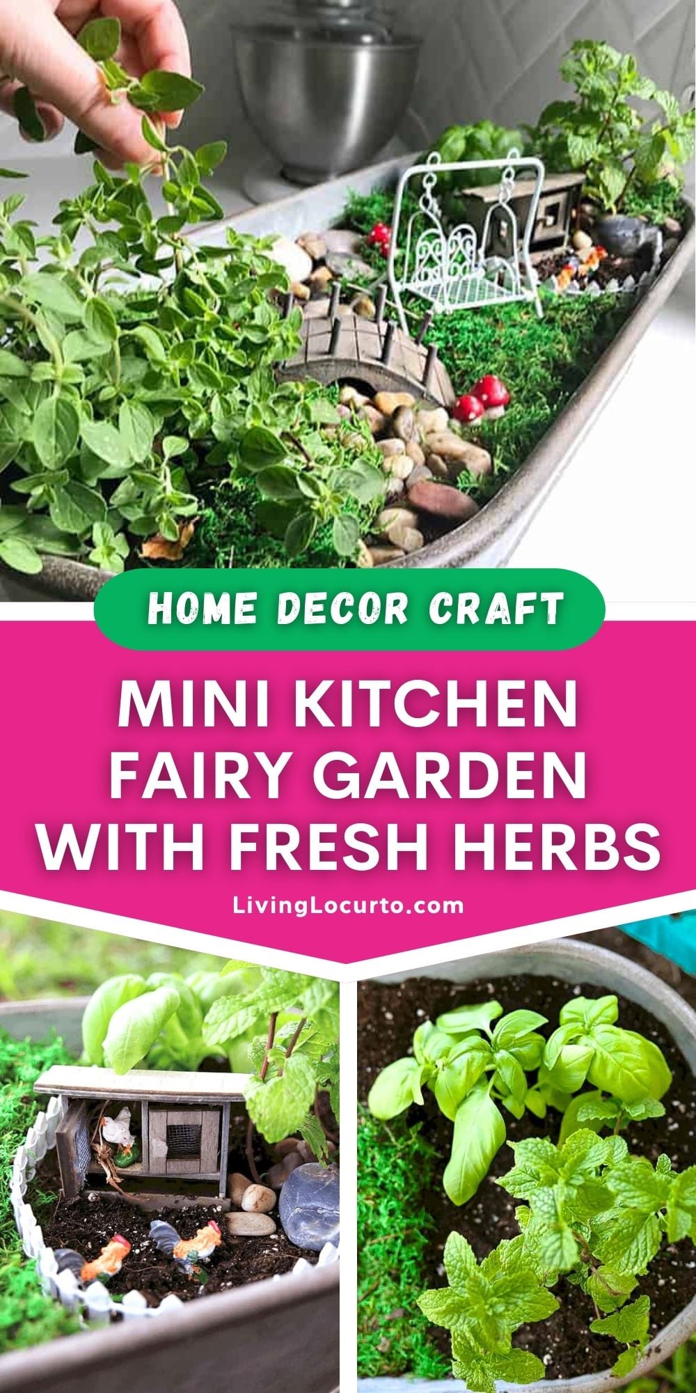 Mini Herb Fairy Garden for Your Kitchen 1 A Herb Fairy Garden is a fun edible herb garden for your kitchen! This easy tutorial for making a mini fairy garden for your home, is such a cute craft idea or DIY Gift for any occasion. Put this easy home garden craft on your summer to-do list!