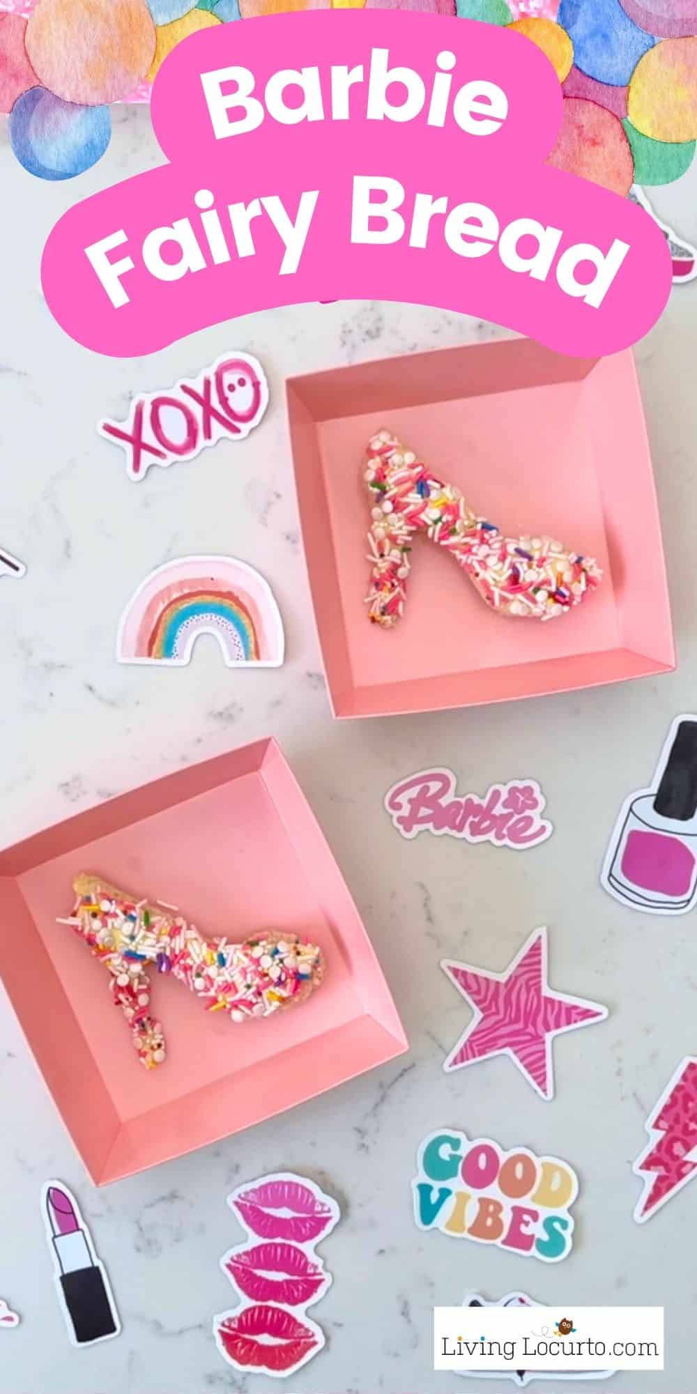 Barbie Fairy Bread 2 Barbie Fairy Bread Recipe shaped in high heels with candy sprinkles in pink food containers