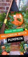 Learn how to make a cute Witch Pumpkin using simple Dollar Tree craft supplies like a plastic pumpkin, faux ivy, and a witch hat for a fun and easy Halloween decoration.