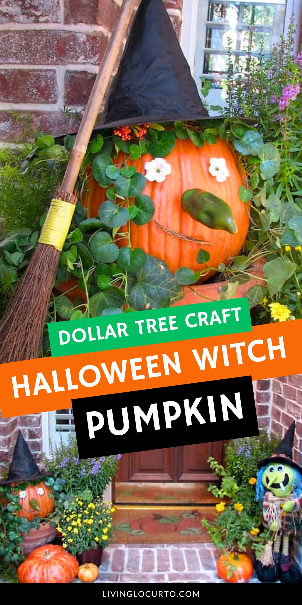 Learn how to make a cute Witch Pumpkin using simple Dollar Tree craft supplies like a plastic pumpkin, faux ivy, and a witch hat for a fun and easy Halloween decoration.