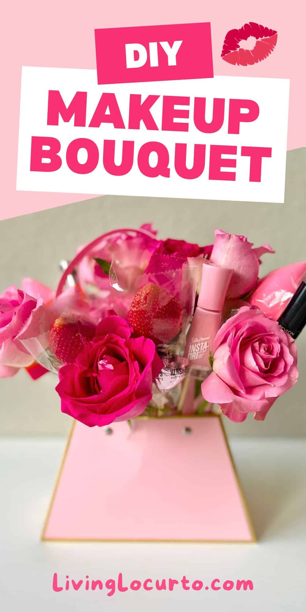 DIY Makeup Bouquet 3 A DIY Makeup Bouquet Arranged in a pink waterproof paper purse vase