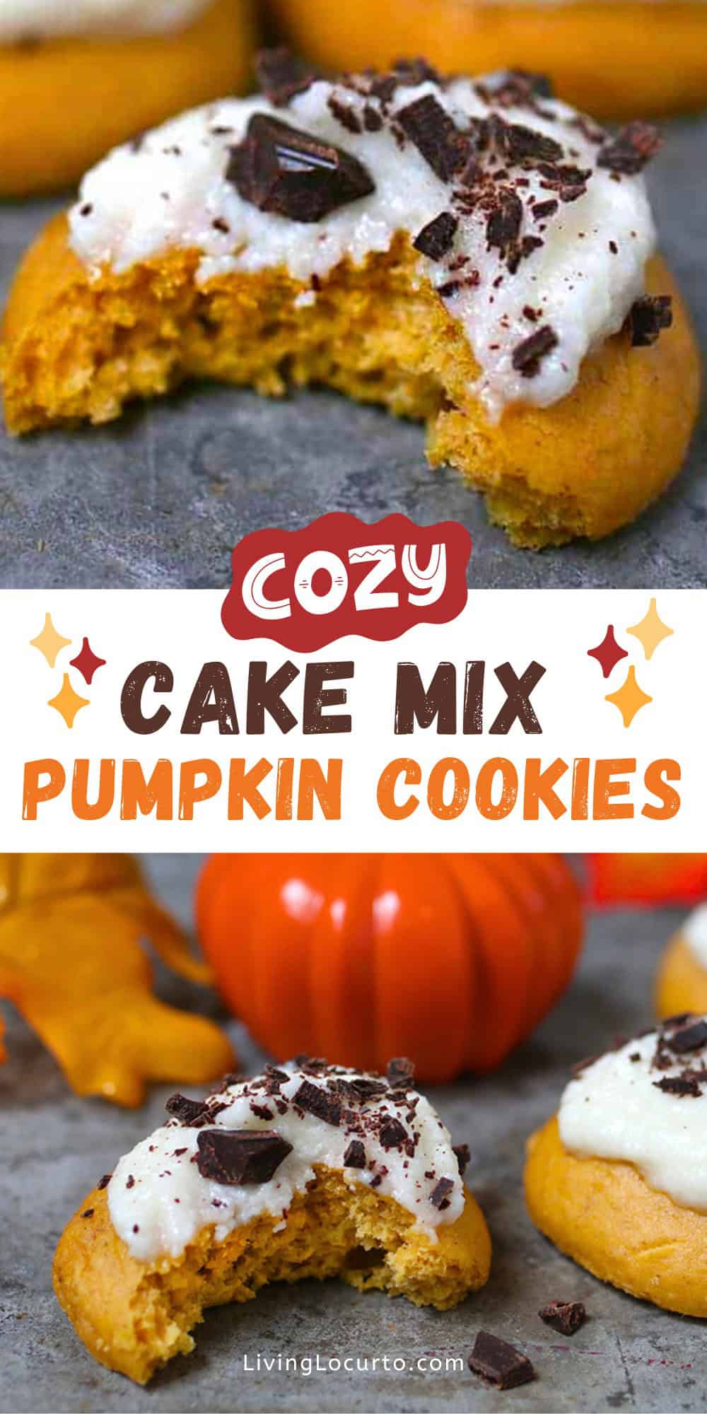 Cozy Cake Mix Pumpkin Cookies 3 Easy Cake Mix Pumpkin Cookies recipe topped with buttercream frosting and dark chocolate sprinkles.