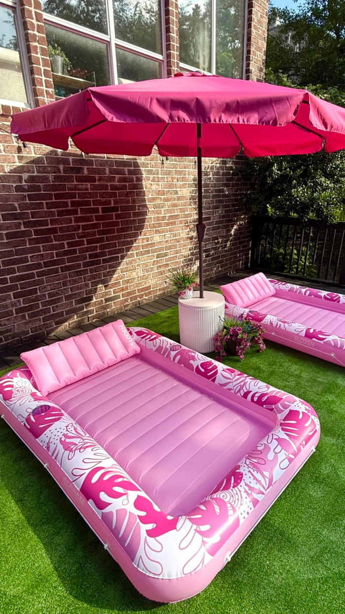 Easy backyard makeover with inflatable pool loungers, outdoor decor tips, and a fun patio hack to create a stylish summer hangout on a budget.