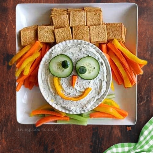 Scarecrow Vegetable Dip Recipe 2 Vegetable Dip Recipe shaped to look like a scarecrow.