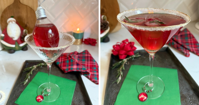 Two photos of a Christmas Cranberry Martini served different ways One has the drink in a Christmas ornament drink holder inside of the cocktail glass. The other has the drrink inside of the martini glass with sugared rims, and fruit-filled rosemary ice cubes.