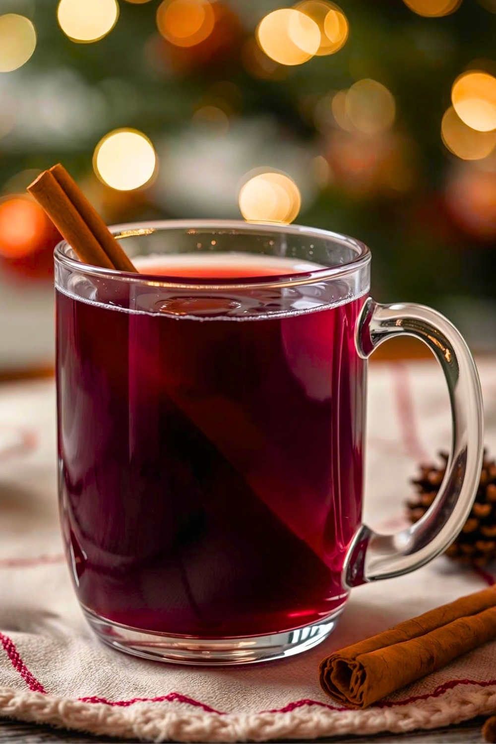 Cozy glass cup of red mulled wine with a cinnamon stick as garnish. Christmas tree in the background. Recipe for how to make the hot mulled wine.