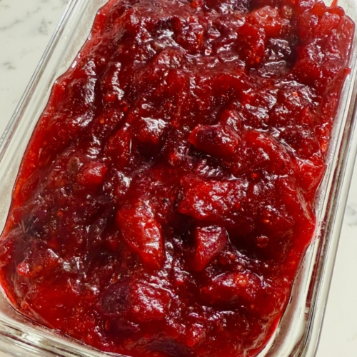 cranberry sauce in a glass dish