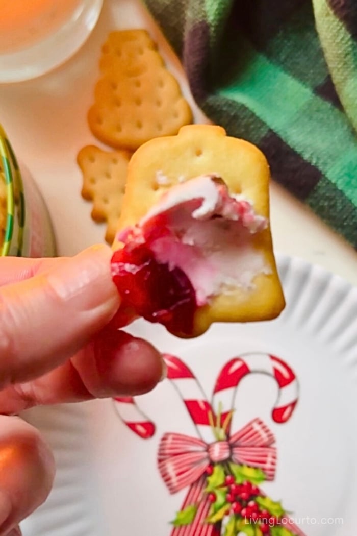 Hot Honey Whipped Goat Cheese Dip with Cranberry & Walnuts 2 Hot Honey Whipped Goat Cheese Dip with Cranberry & Walnuts spread onto a cracker with a hand holding it.