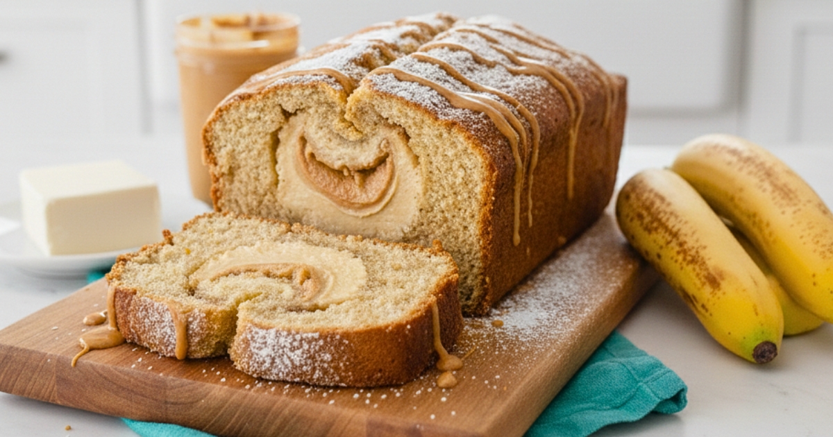 The ultimate Peanut Butter Cream Cheese Filled Banana Bread in a white kitchen. Moist, easy-to-make banana bread with a rich, velvety peanut butter cheesecake swirl.