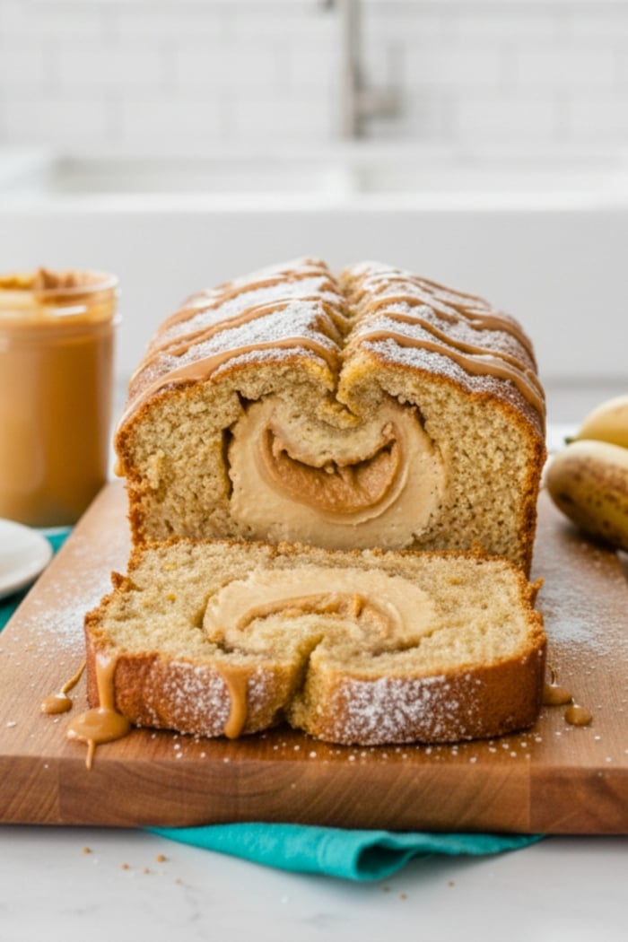 The ultimate Peanut Butter Cream Cheese Filled Banana Bread! Moist, easy-to-make banana bread with a rich, velvety peanut butter cheesecake swirl.