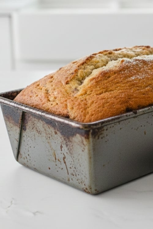 Peanut Butter Cream Cheese Filled Banana Bread in a baking pan