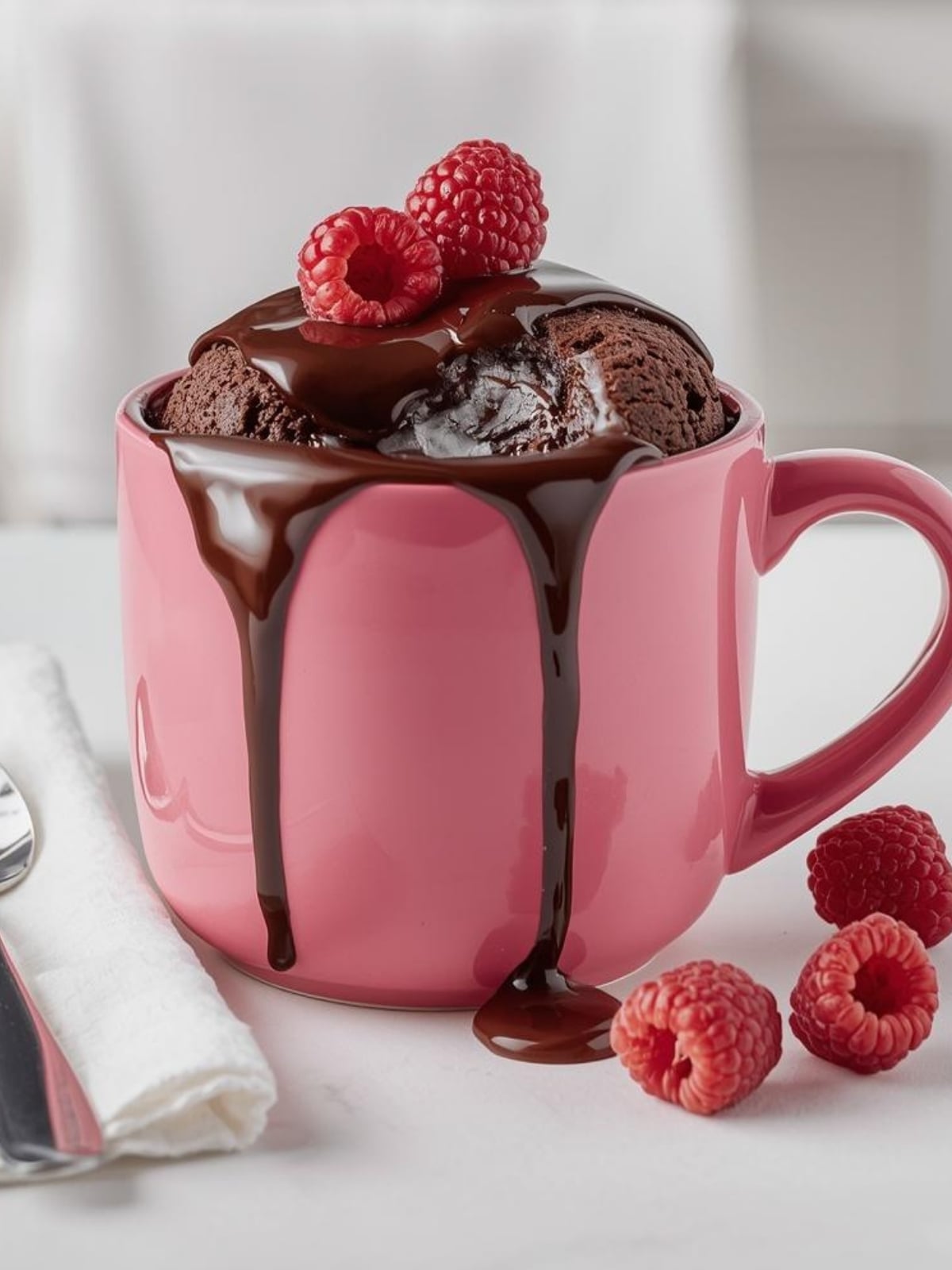 chocolate cake in a pink coffee mug with chocolate sauce dripping over the edge. Raspberries on top.