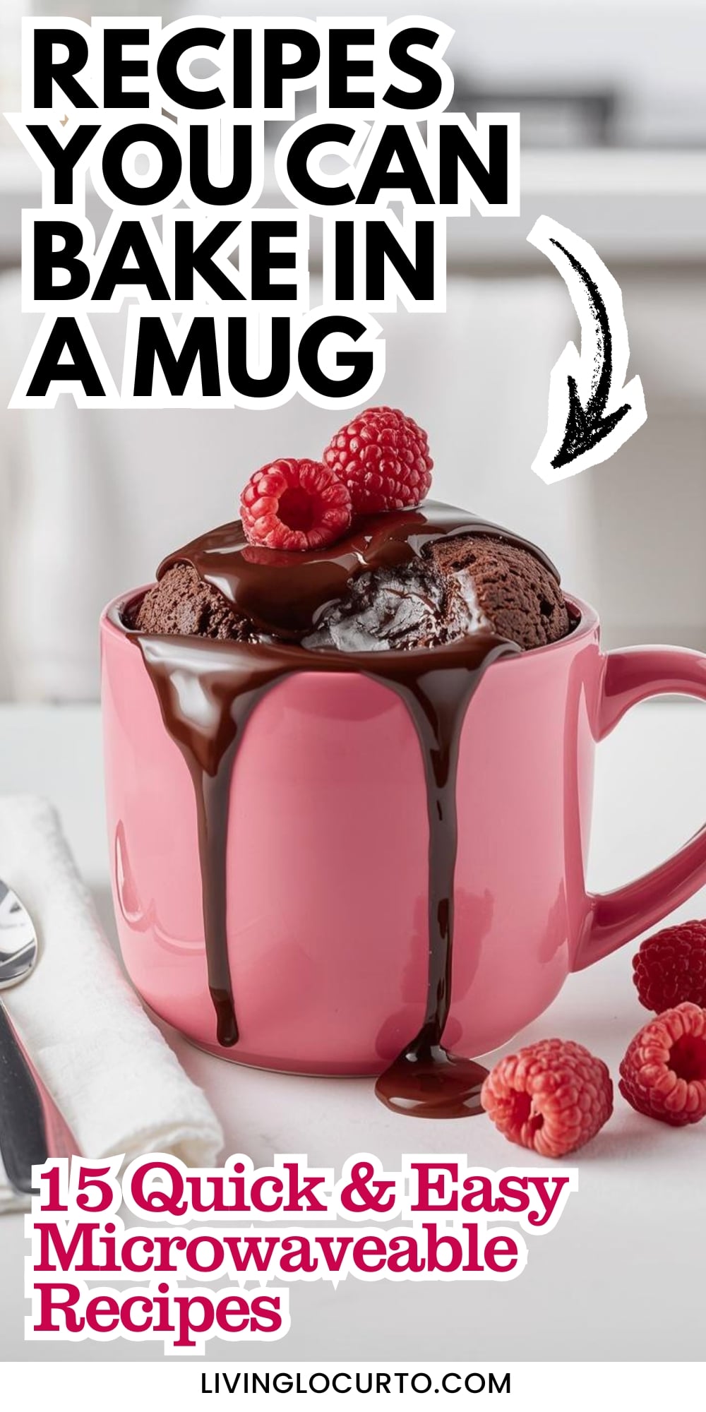 15 Easy Microwave Mug Recipes. Chocolate cake in a pink coffee mug in white kitchen.