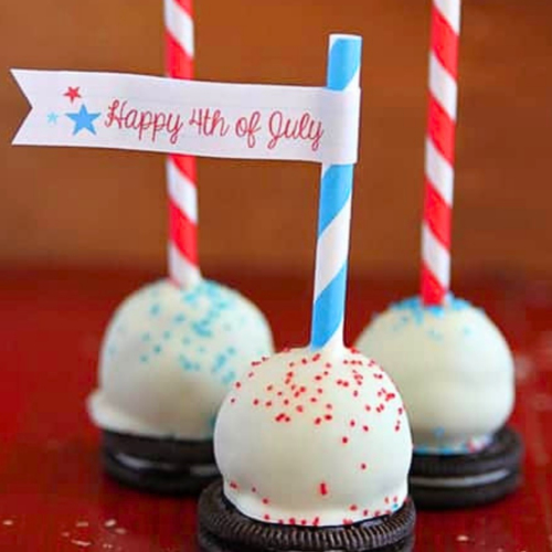 4th of July themed OREO Balls with red and blue candy sprinkles.