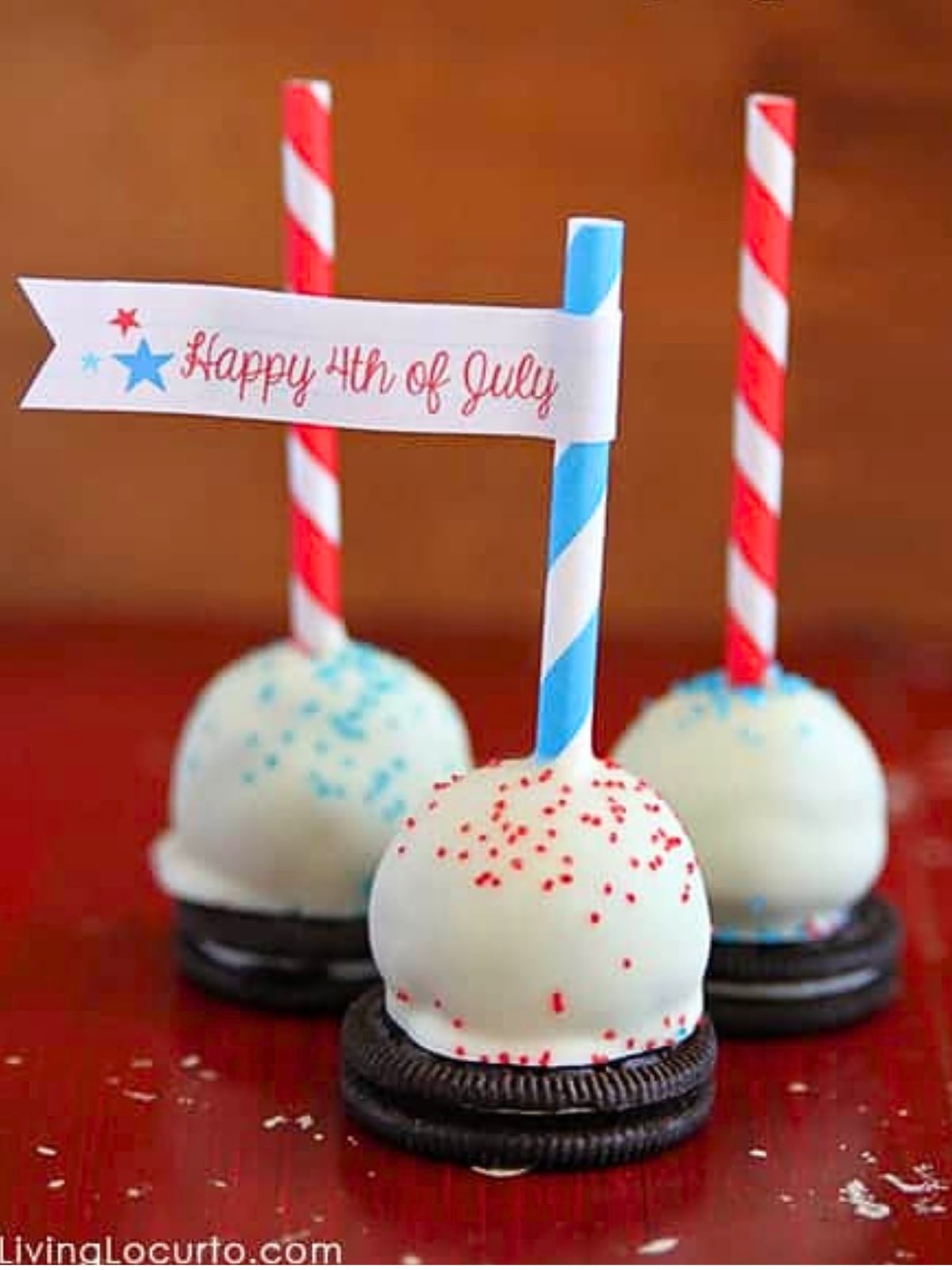 4th of July themed OREO Balls with red and blue candy sprinkles.