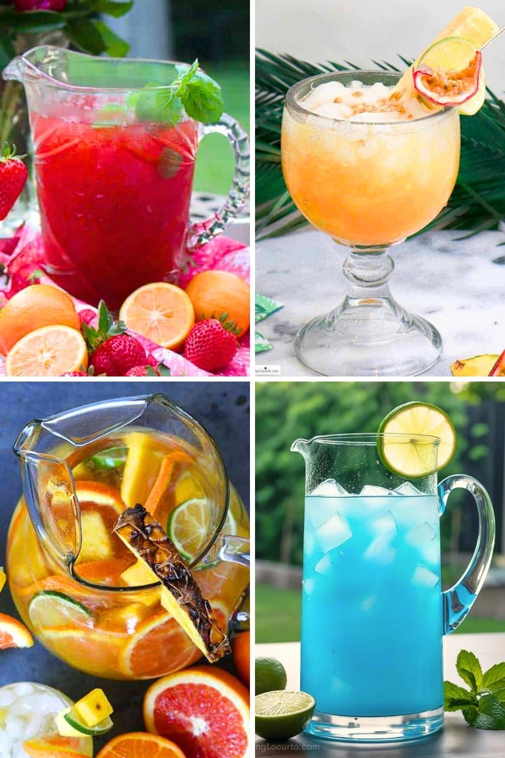 16 Big Batch Party Drink Recipes 1 Bright colorful big Batch Party Drinks in pitchers. Blue, red, orange with fruit garnishes.