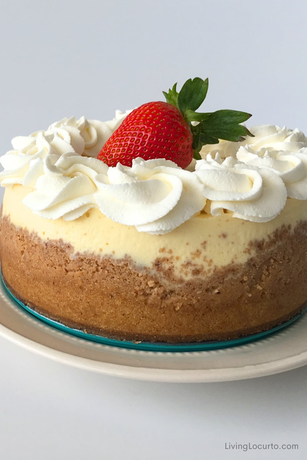 Copycat Cheesecake Factory Cheesecake 1 round cheesecake cake with whipped cream and a large strawberry in the center