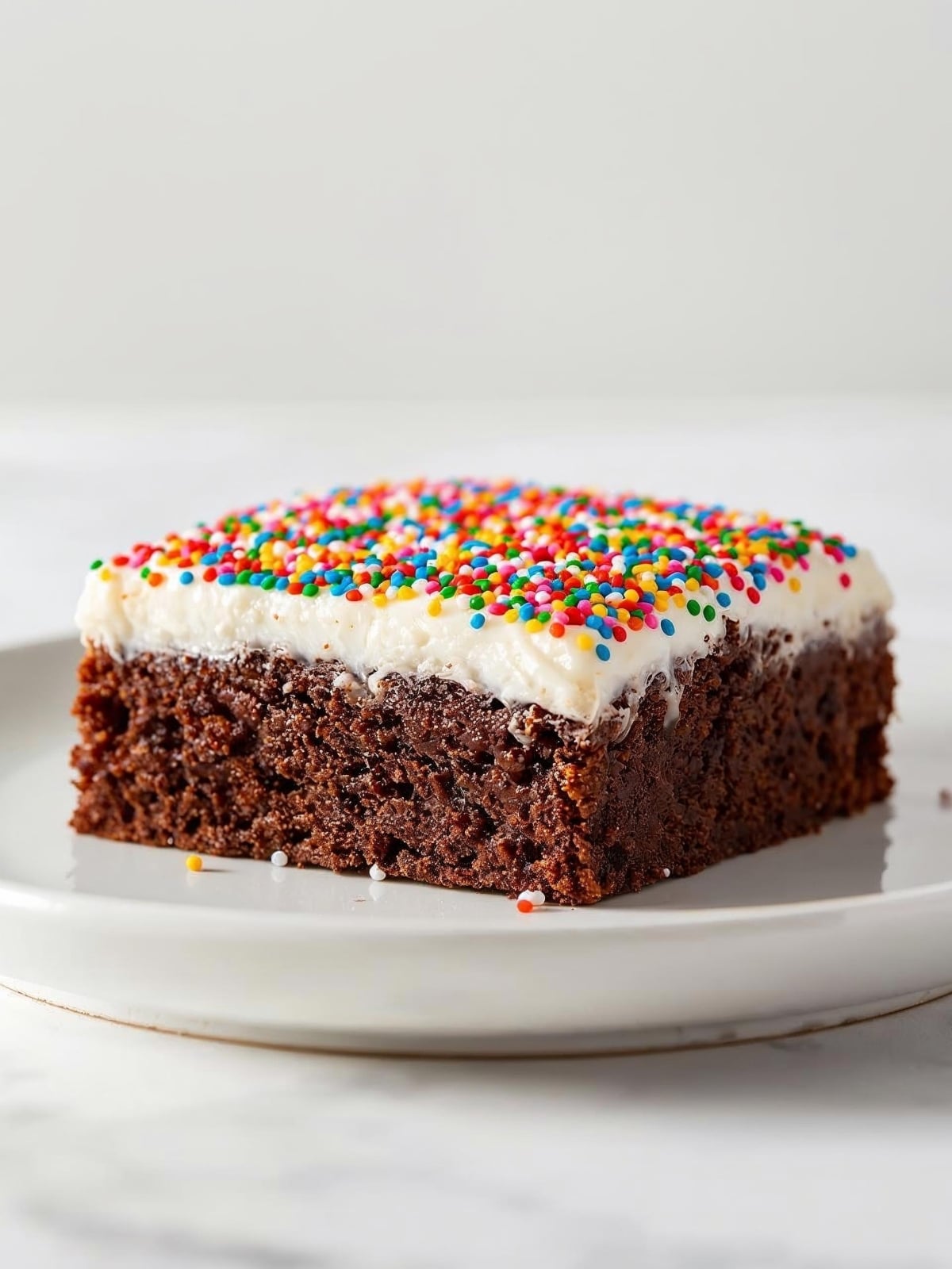 A plate with a Dot Cake Brownie. Recipe for brownies with thick coat of vanilla frosting and rainbow sprinkles.