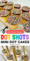 Mini Dot Cake shots with rainbow sprinkles and gold spoons on a white party platter.