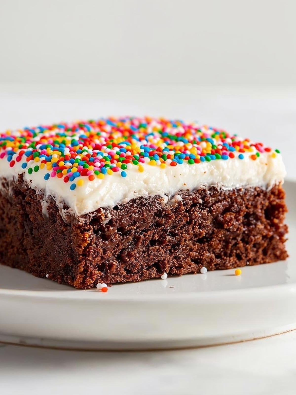 A plate with a Dot Cake Brownie. Recipe for brownies with thick coat of vanilla frosting and rainbow sprinkles.
