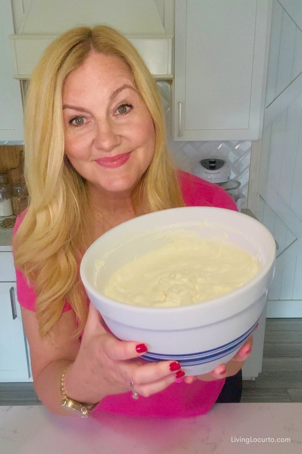 Woman holding bowl of Pina Colada Dip Recipe