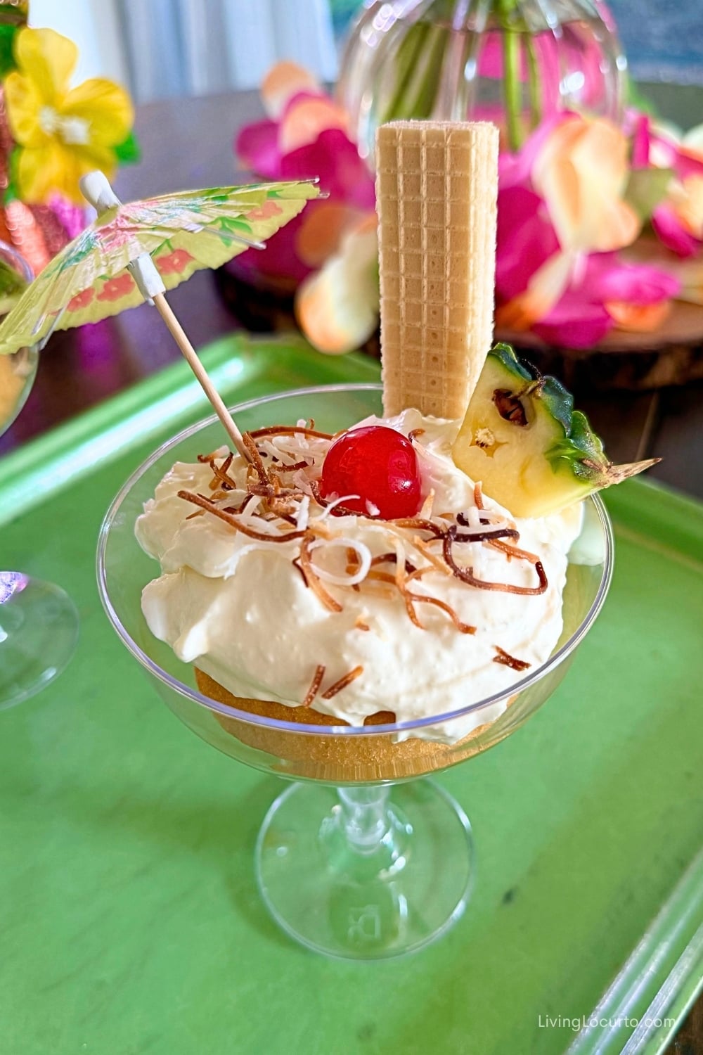 No-Bake Pina Colada Dip Cakes Recipe in Wine Glass