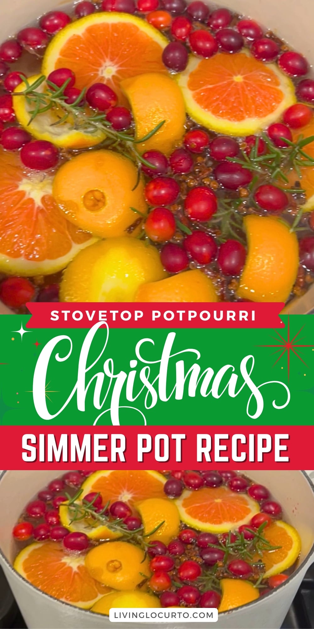 Cranberry holiday simmer pot with orange slices, spices, and rosemary simmering on a stove.