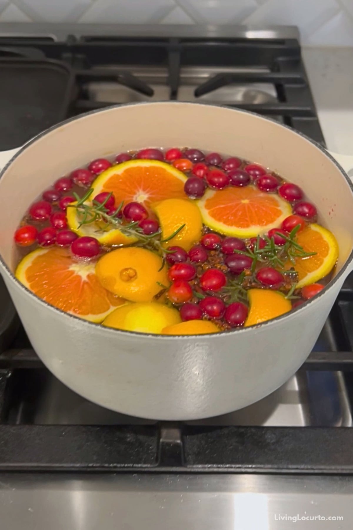 Cranberry holiday simmer pot with orange slices, spices, and rosemary simmering on a stove.